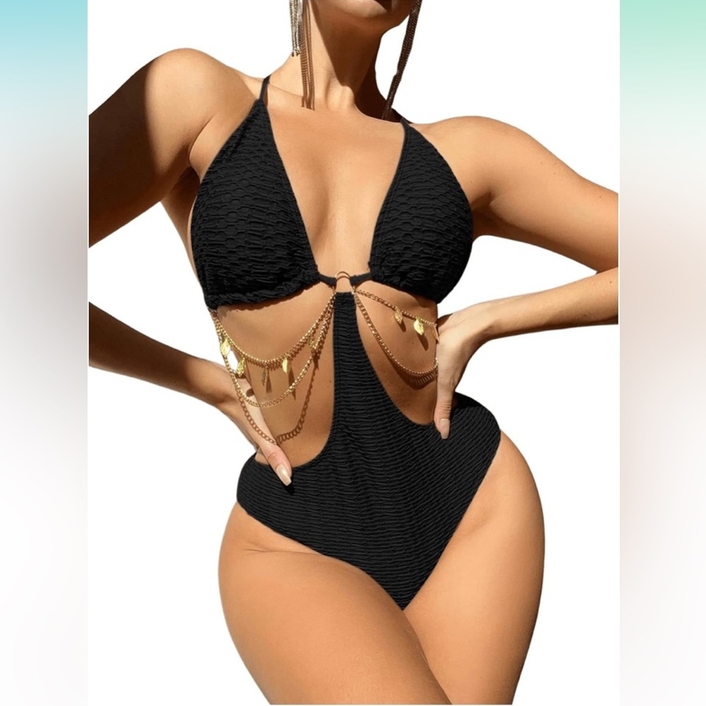 Black Cutout Swimsuit with Gold Chain Accents